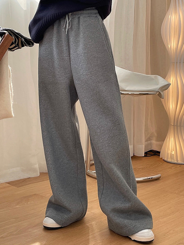 Simple Solid Color Drawstring  Waist Velvet Casual Wide Leg Pants