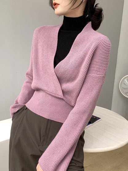 Stylish 6 Colors Knitting V-Neck Asymmetric Sweater