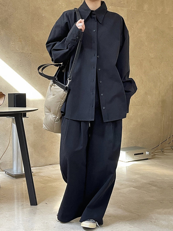 Original Loose Wide Legs Pleated Solid Color Pants