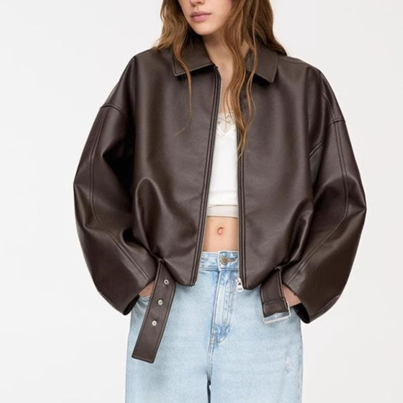 Loose Drop Shoulder Leather Jacket