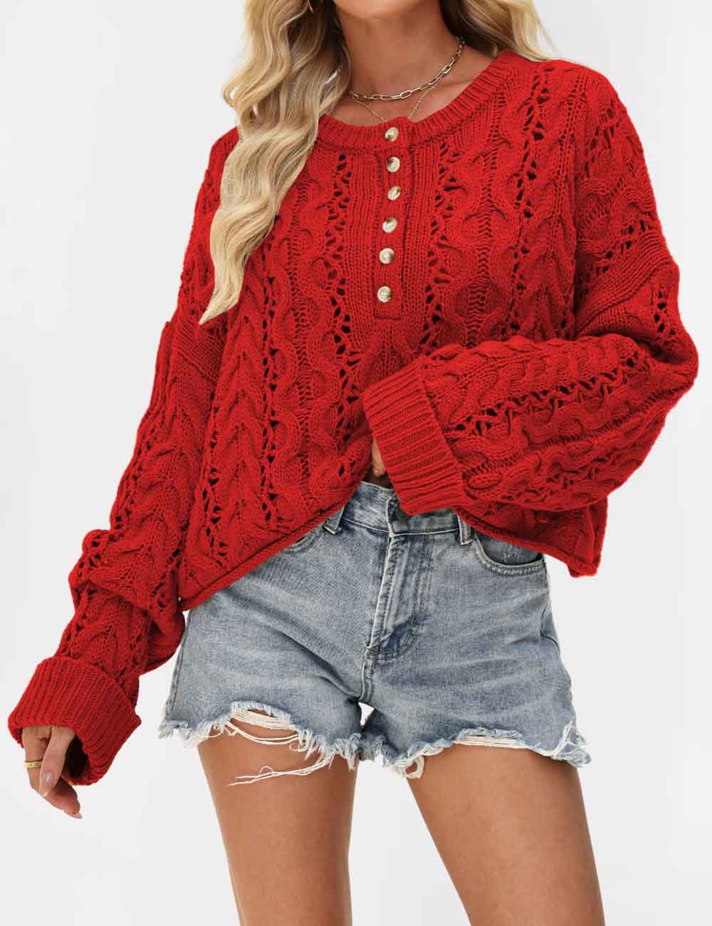Cable Knit Round Neck Button Pullover Sweater