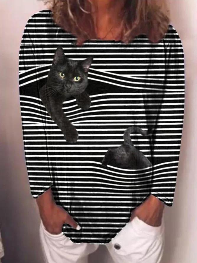Cat Print Round Neck Long Sleeve Women'S T-Shirt