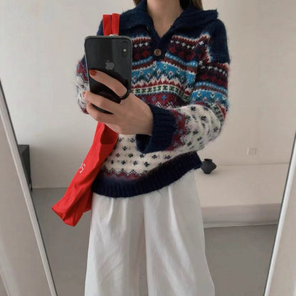 Fair Isle Christmas Sweater Women's Polo Neck Knitwear