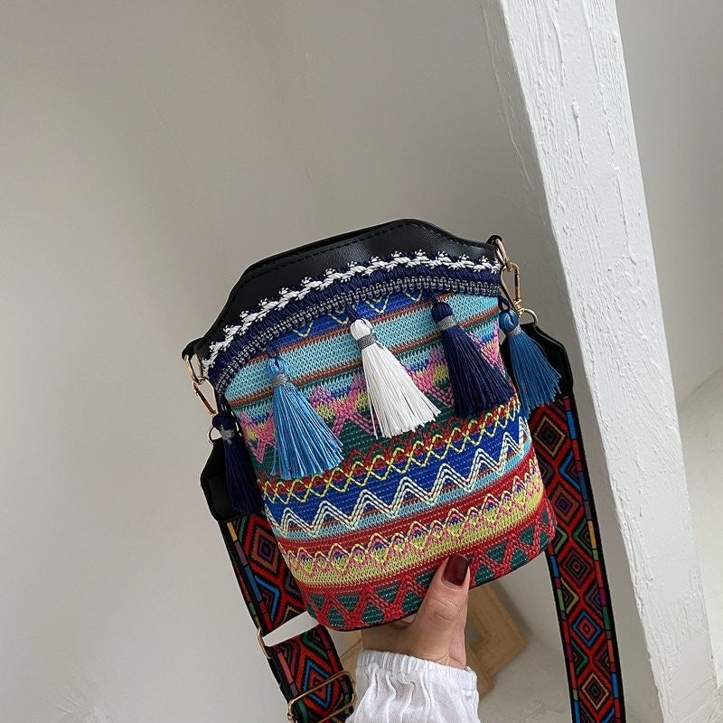 Print Soft Tasseled Multicolored One Shoulder Bag