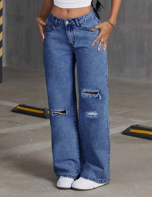 Distressed Ripped Wide Leg Baggy Denim Pants