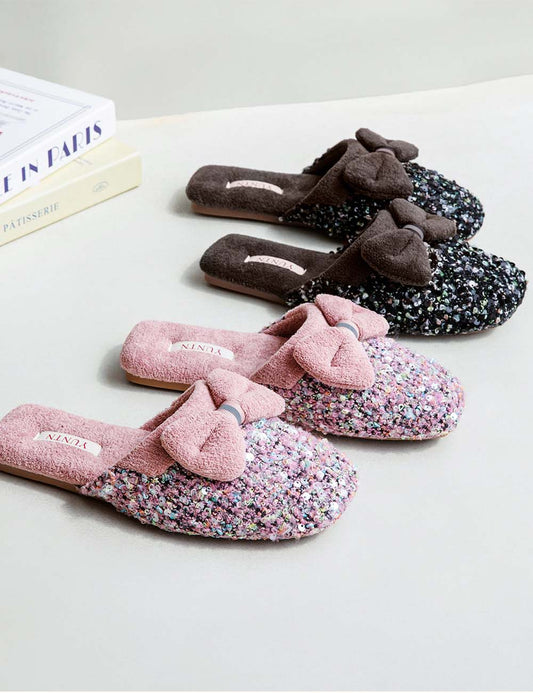 Elegant Sequins Plush Bow Knot Slippers