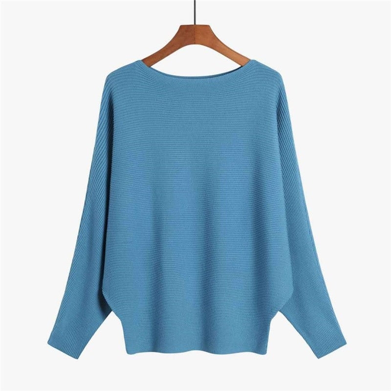 Solid Color One-Word Collar Bat Sleeve Knit Sweater