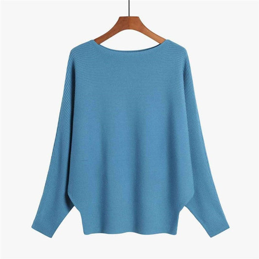 Solid Color One-Word Collar Bat Sleeve Knit Sweater