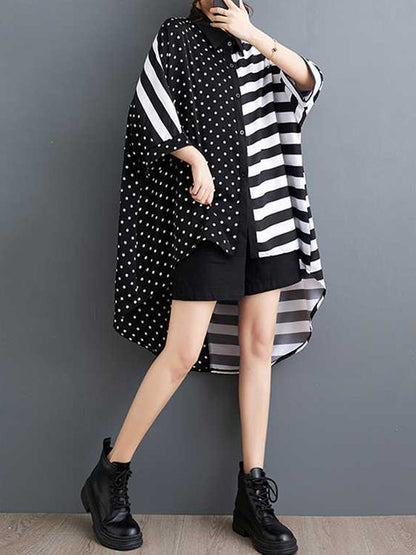 Batwing Sleeves Half Sleeves Buttoned Polka-Dot Striped Lapel Blouses&Shirts Tops