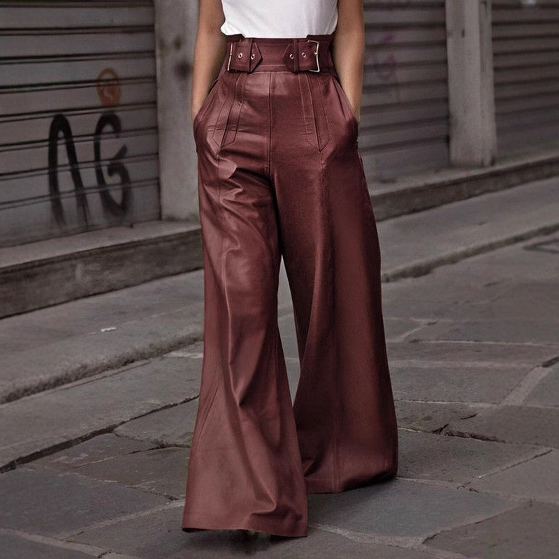 Solid Color High Waist Loose Pleated Pocket Leather Pants