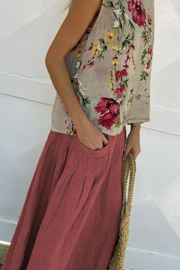 Casual Printed Tank Top \u0026 Skirt Cotton Linen Two-piece Set