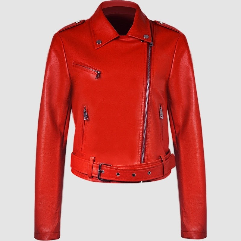 PU Retro Belted Biker Jacket Lapel Collar