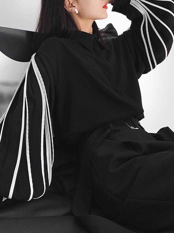 Puff Sleeves Contrast Color Blouses&Shirts Tops