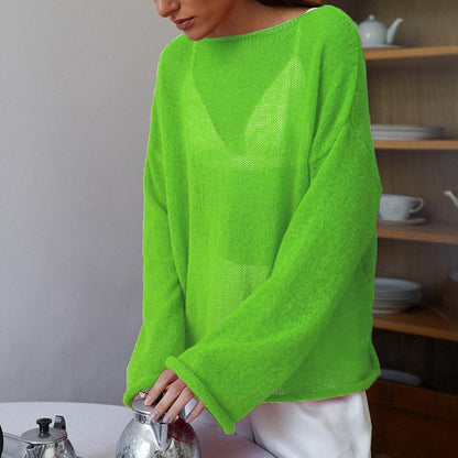 Solid Color See Through Flare Sleeves Knit Top