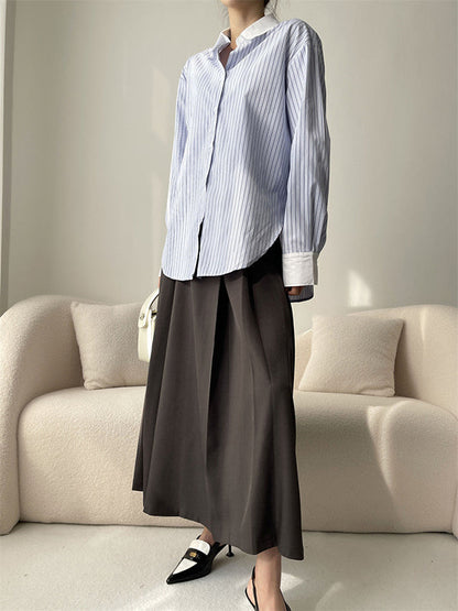 Irregular Clipping Pleated Split-Joint Striped Lapel Blouses