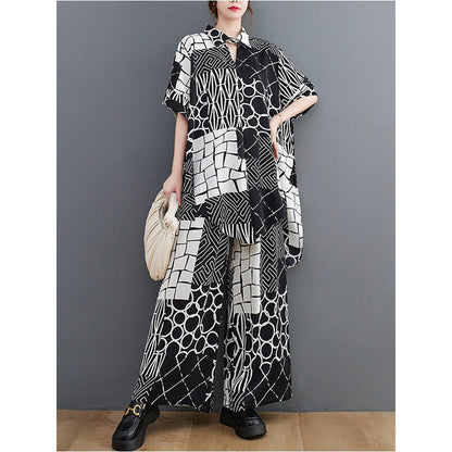 Original Loose Contrast Color Plaid Polka-Dot Blouse&Wide Legs Pants Two Pieces Set
