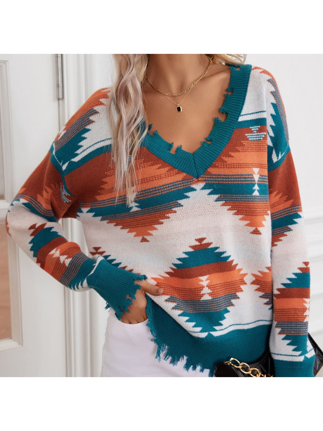 Crosa - Distressed Knit V-Neck Sweater with Geometric Patterns