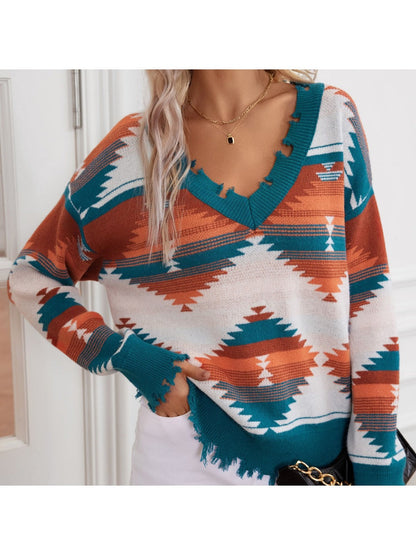 Crosa - Distressed Knit V-Neck Sweater with Geometric Patterns