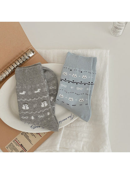 Rufia - Retro Mid-calf Socks with Hearts and Animal Prints
