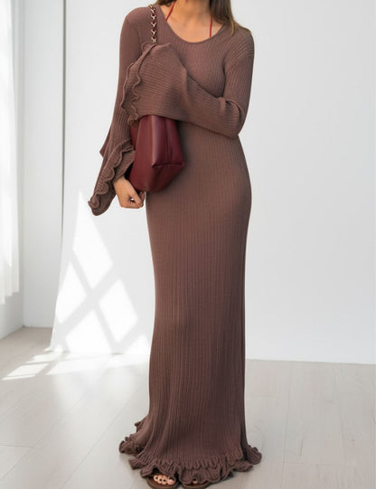 Elegant Solid Color Ruffled Trim Maxi Dress