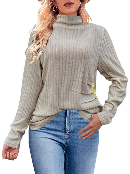 Long Sleeves Loose Buttoned Pleated Solid Color High Neck Pullovers Sweater Tops