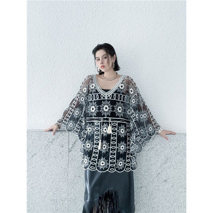 Ethnic Embroidered Hollow-Out Batwing Sleeve Lace Top - Loose, Lightweight, Versatile V-Neck Outerwear For Women