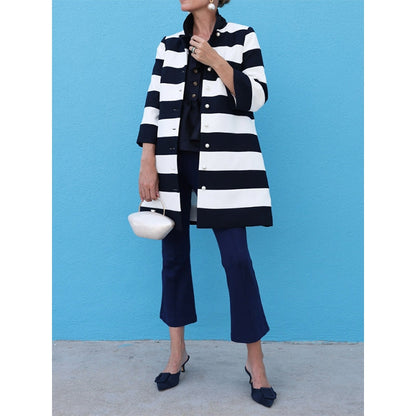 Loose Three-quarter Sleeves Buttoned Striped Round-neck Jackets&Coats Outerwear