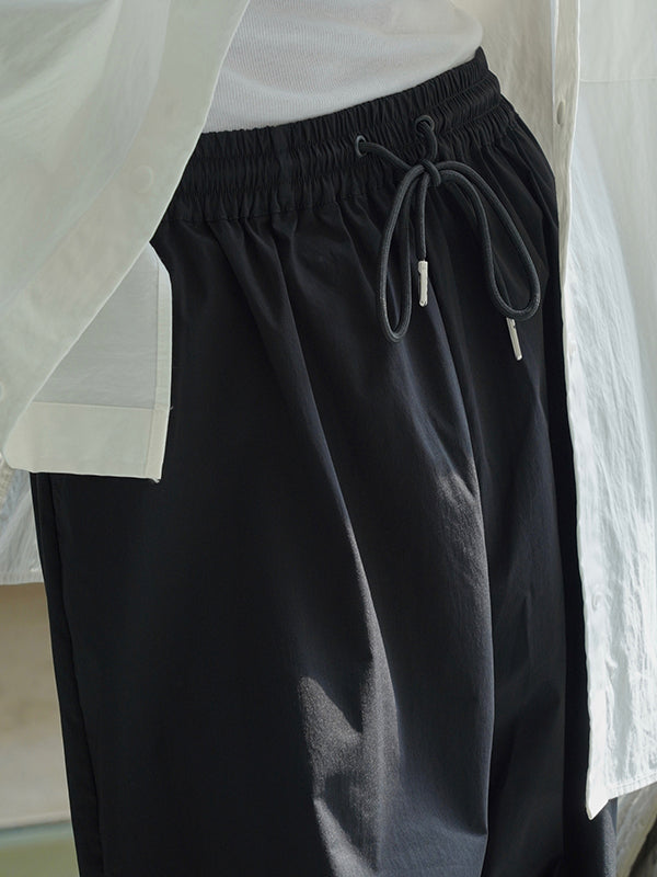 Loose Wide Leg Drawstring Elasticity Pleated Solid Color Split-Joint Casual Pants Bottoms