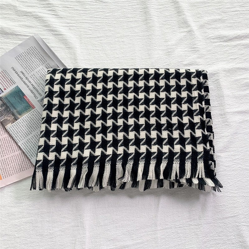 Imitated Cashmere Houndstooth Tassel Shawl Scarf
