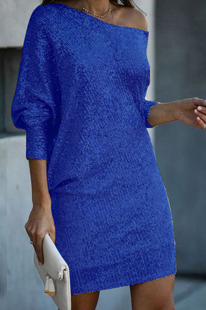 Solid Sequined Off-shoulder Loose Mini Dress