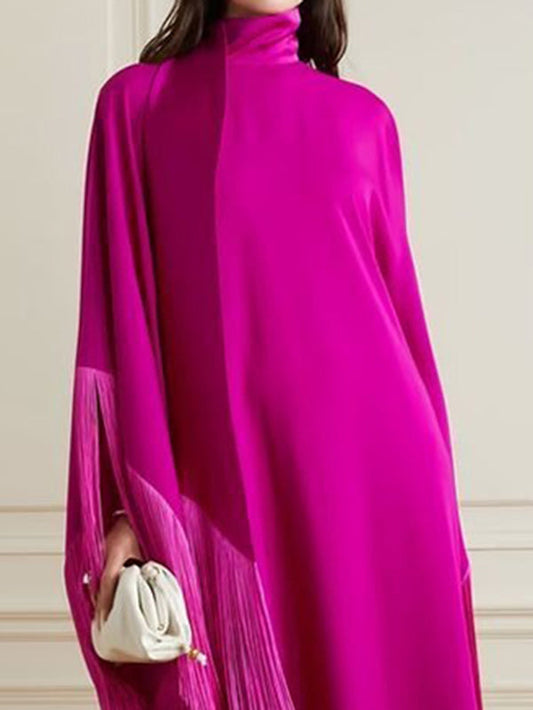 Batwing Sleeves Loose Solid Color Split-Joint Tasseled High Neck Evening Dresses Maxi Dresses