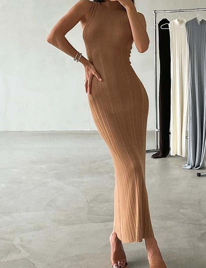 Solid Color High Neck Slim Maxi Dress