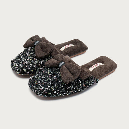 Elegant Sequins Plush Bow Knot Slippers