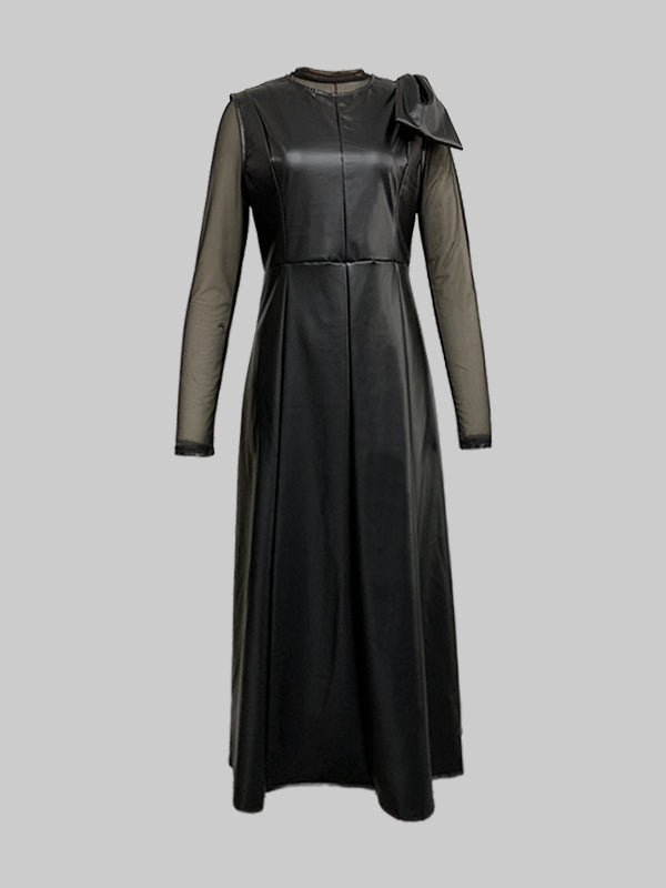 A-Line Long Sleeve Bowknot Split Midi Dress Mesh PU
