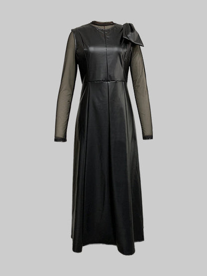 A-Line Long Sleeve Bowknot Split Midi Dress Mesh PU