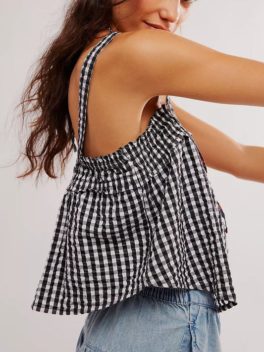 Ruffle Sleeveless String Plaid Tank Tops