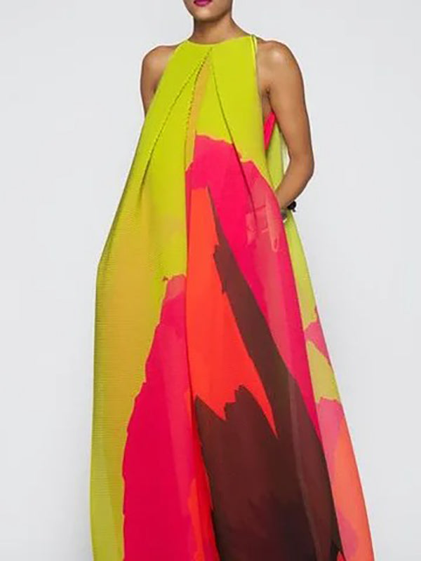 Loose Sleeveless Multi-Colored Printed Round-neck Maxi Dresses