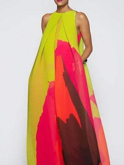 Loose Sleeveless Multi-Colored Printed Round-neck Maxi Dresses