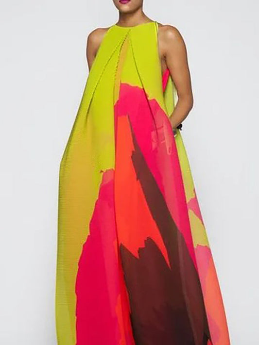 Loose Sleeveless Multi-Colored Printed Round-neck Maxi Dresses