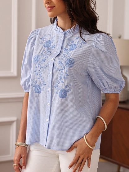 Plaid Floral Embroidered Ruffled Shirt