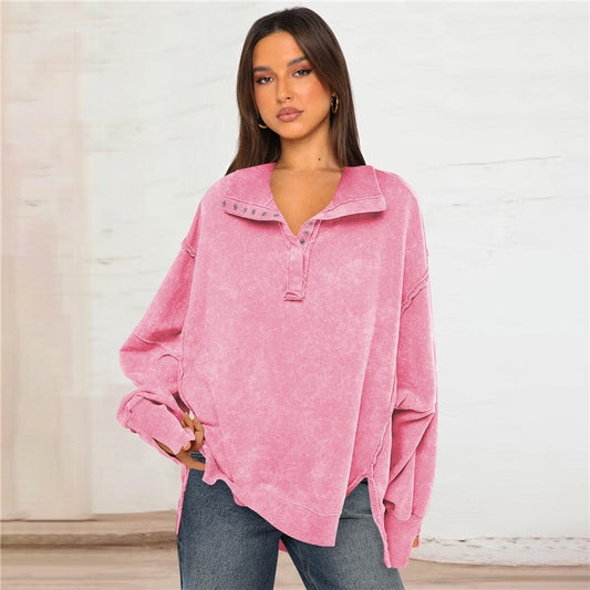 Polo Collar Split Sleeve Loose Sweatshirt Women