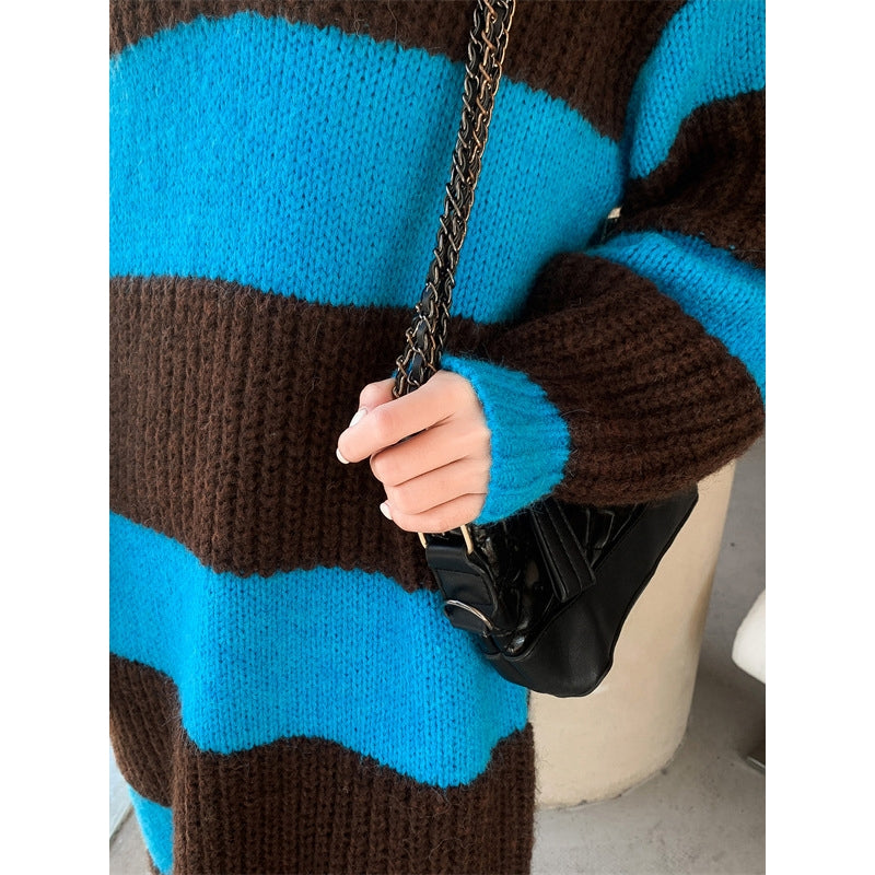 Stylish Loose Striped V-Neck Sweater Dresses