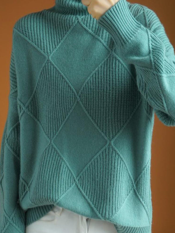 Loose Rhombus Solid Color High-Neck Sweater Tops