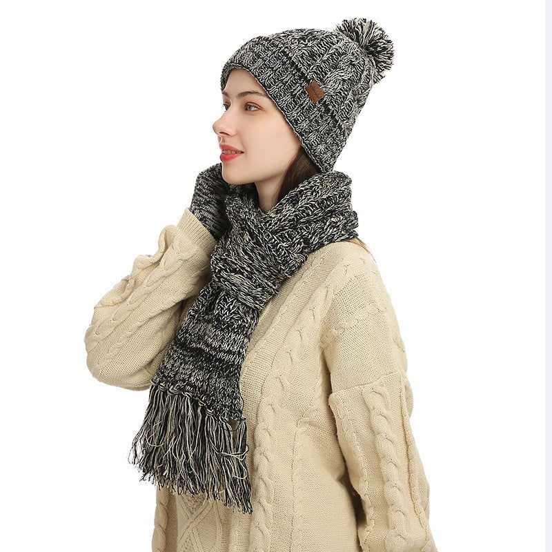Three-Piece Set Of Color Hat Thick Scarf Touch Screen Gloves