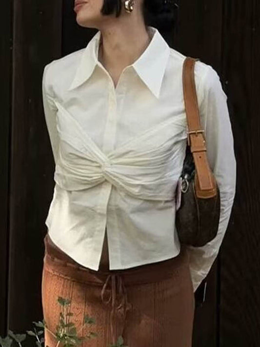 Solid Color Bowknot Buttoned All-Match Long Sleeves Lapel Collar Blouses