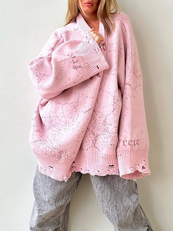Long Sleeves Loose Hollow Knitted Letters Round-Neck Knitwear Pullovers Sweater Tops