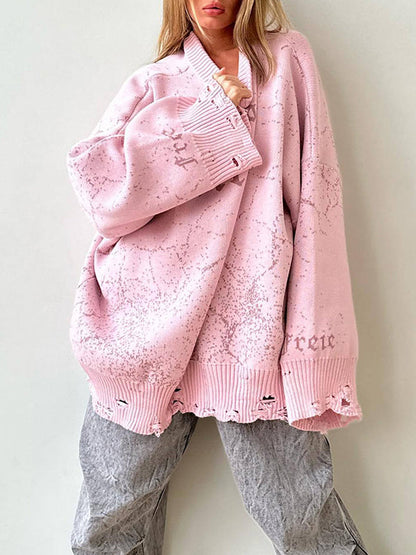 Long Sleeves Loose Hollow Knitted Letters Round-Neck Knitwear Pullovers Sweater Tops