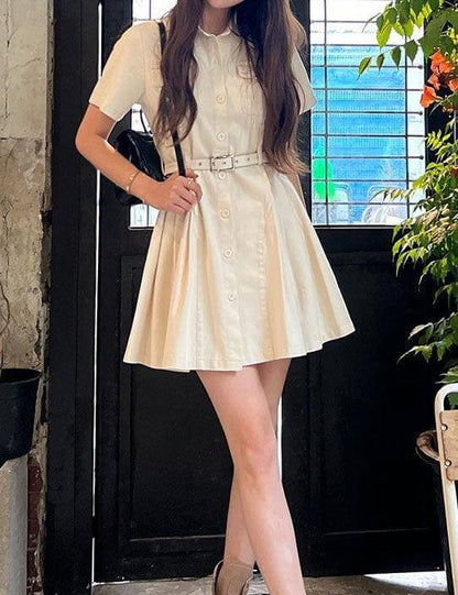 Lapel Button Waist Tie Mini Dress