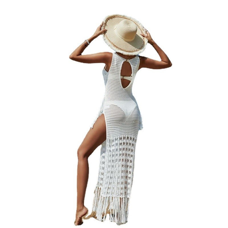 Solid Color Crewneck Sleeveless Side Slit Knitted Hollow Long Beach Dress Bikini Cover-Up