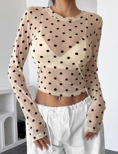 Sexy Polka Dots Mesh Long Sleeve Sheer Blouse